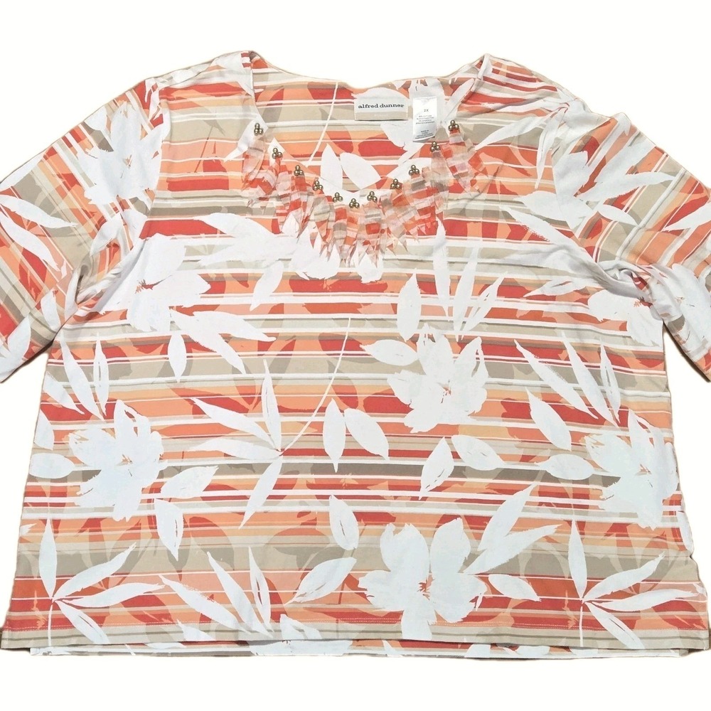 Alfred Dunner Woman Shirt Stretch Orange Stripe Floral Stud Fringe Collar Sz 2x - Picture 3 of 12